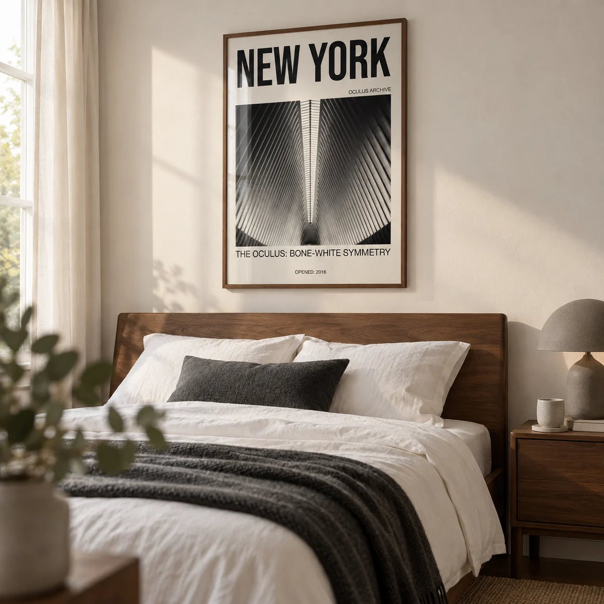 Bone White Architecture Print, framed on the wall of a calm bedroom in a design-conscious UK flat with a bone-white wall
