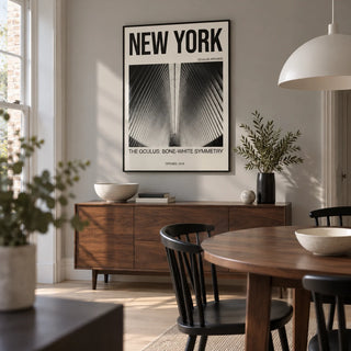 Bone White Architecture Print, framed on the wall of a compact modern dining room in a UK townhouse with a soft grey wall and pale timber floor