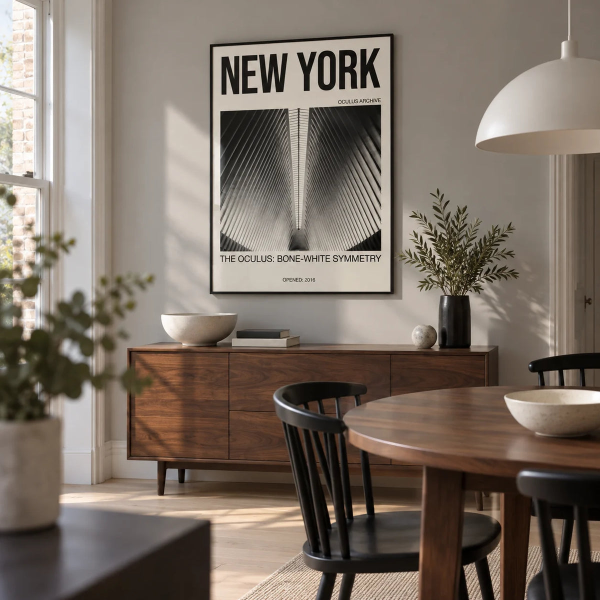 Bone White Architecture Print, framed on the wall of a compact modern dining room in a UK townhouse with a soft grey wall and pale timber floor