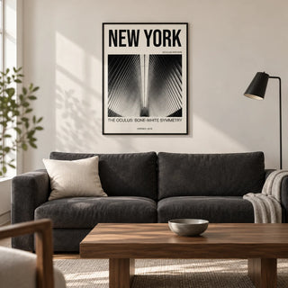 Bone White Architecture Print, framed on the wall of a modern living room in a renovated UK city flat with warm white walls and a walnut floor