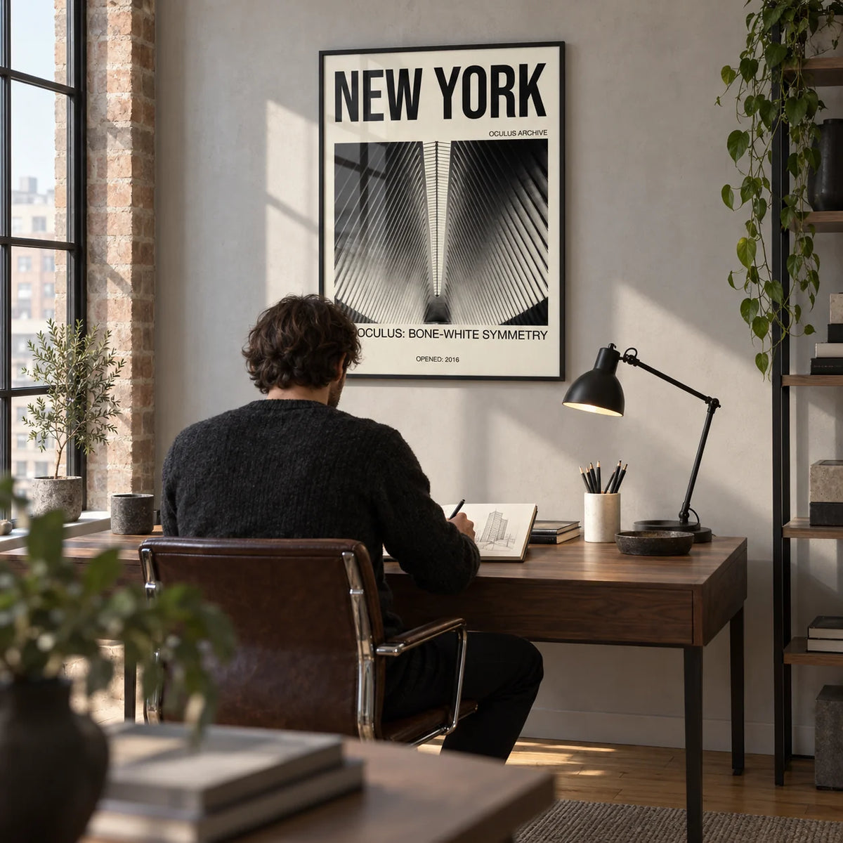 Bone White Architecture Print, framed on the wall of a quiet home study in a converted UK warehouse flat with a pale grey wall and oak floor