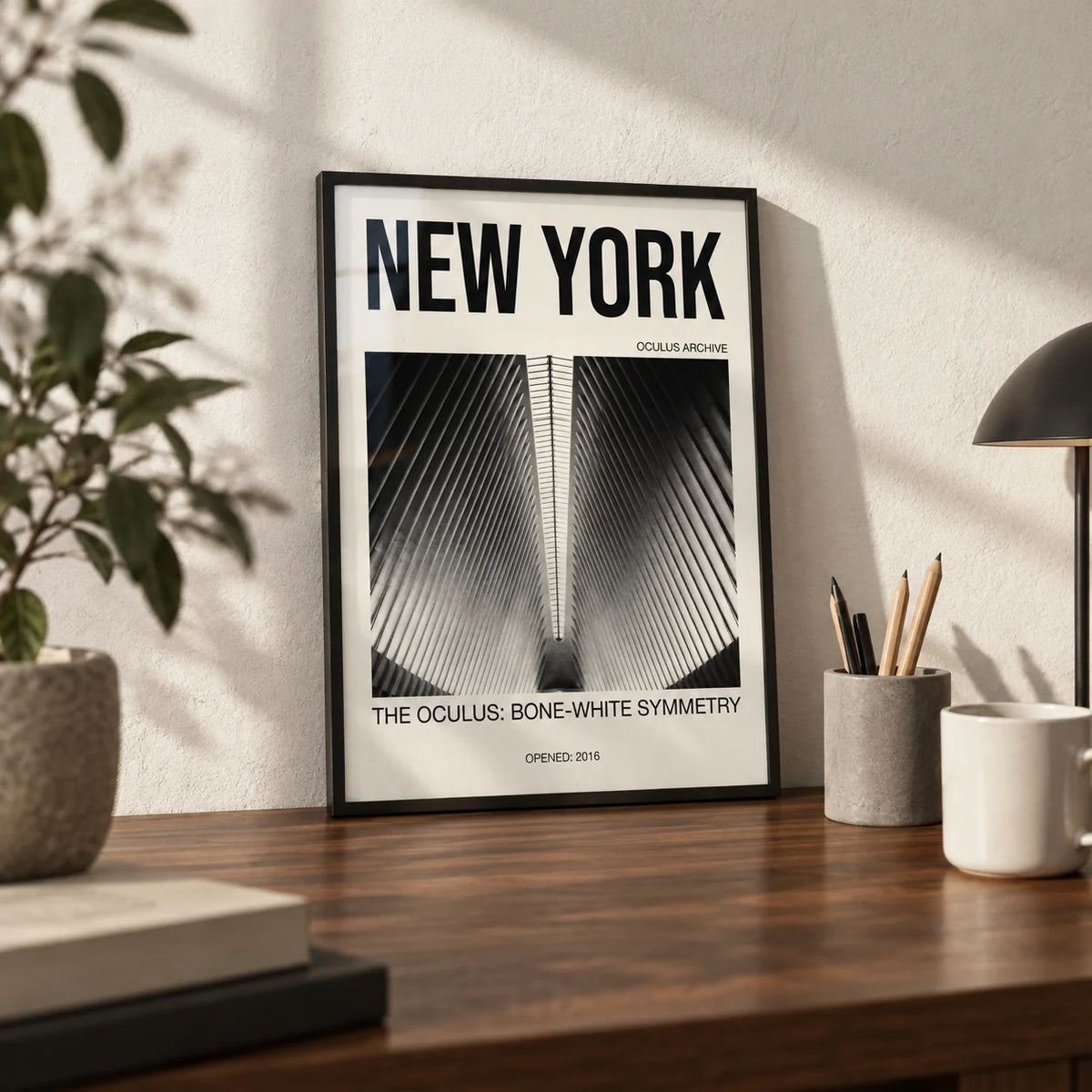 Bone White Architecture Print, a small A4 framed print leaning on a walnut desk