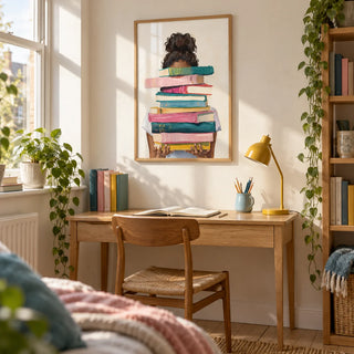 Book Lover Art Print, framed on the wall of a bright literature student's study in a rented UK flat (18-25)