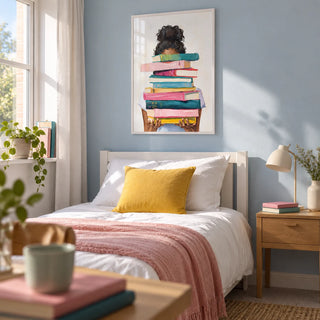Book Lover Art Print, framed on the wall of a calm single bedroom for a young adult reader (18-25) in a UK family home