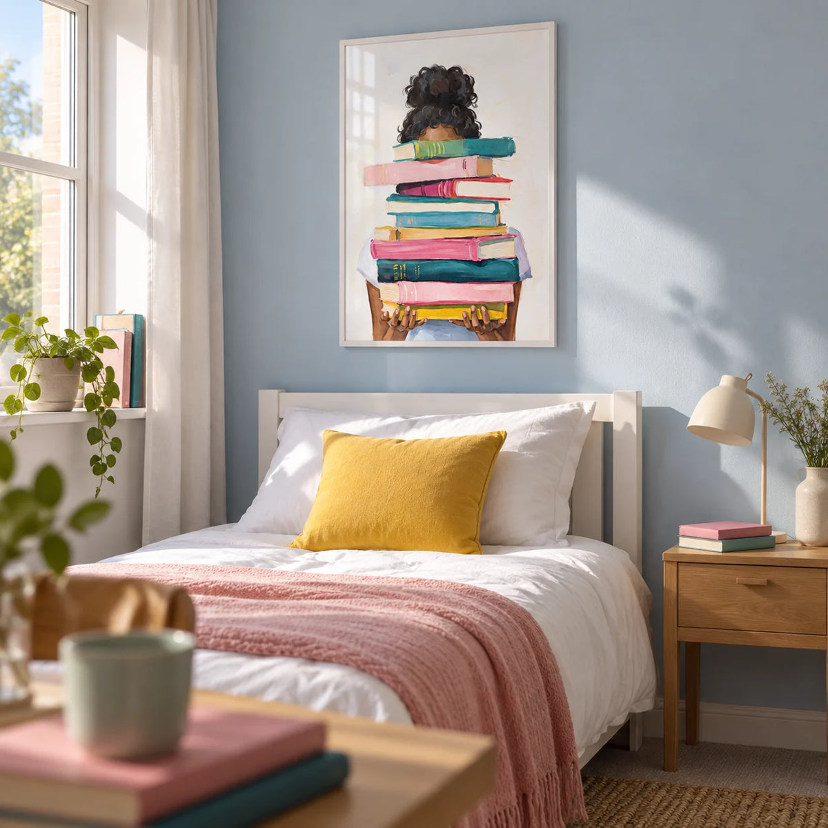 Book Lover Art Print, framed on the wall of a calm single bedroom for a young adult reader (18-25) in a UK family home