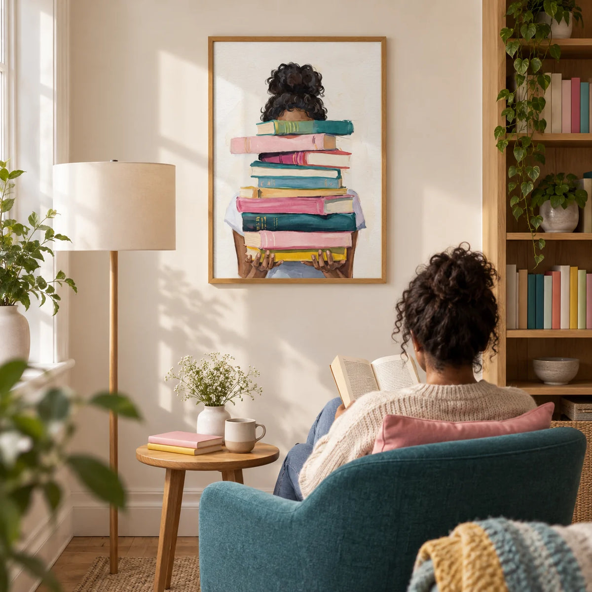Book Lover Art Print, framed on the wall of a cosy reading corner in a UK terraced house with warm white walls and built-in oak bookshelves to one side in a living room
