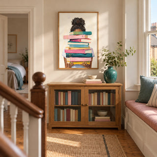 Book Lover Art Print, framed on the wall of a light upstairs landing in a UK Victorian terrace