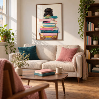 Book Lover Art Print, framed on the wall of a relaxed book lover's living room in a UK first flat (22-30)