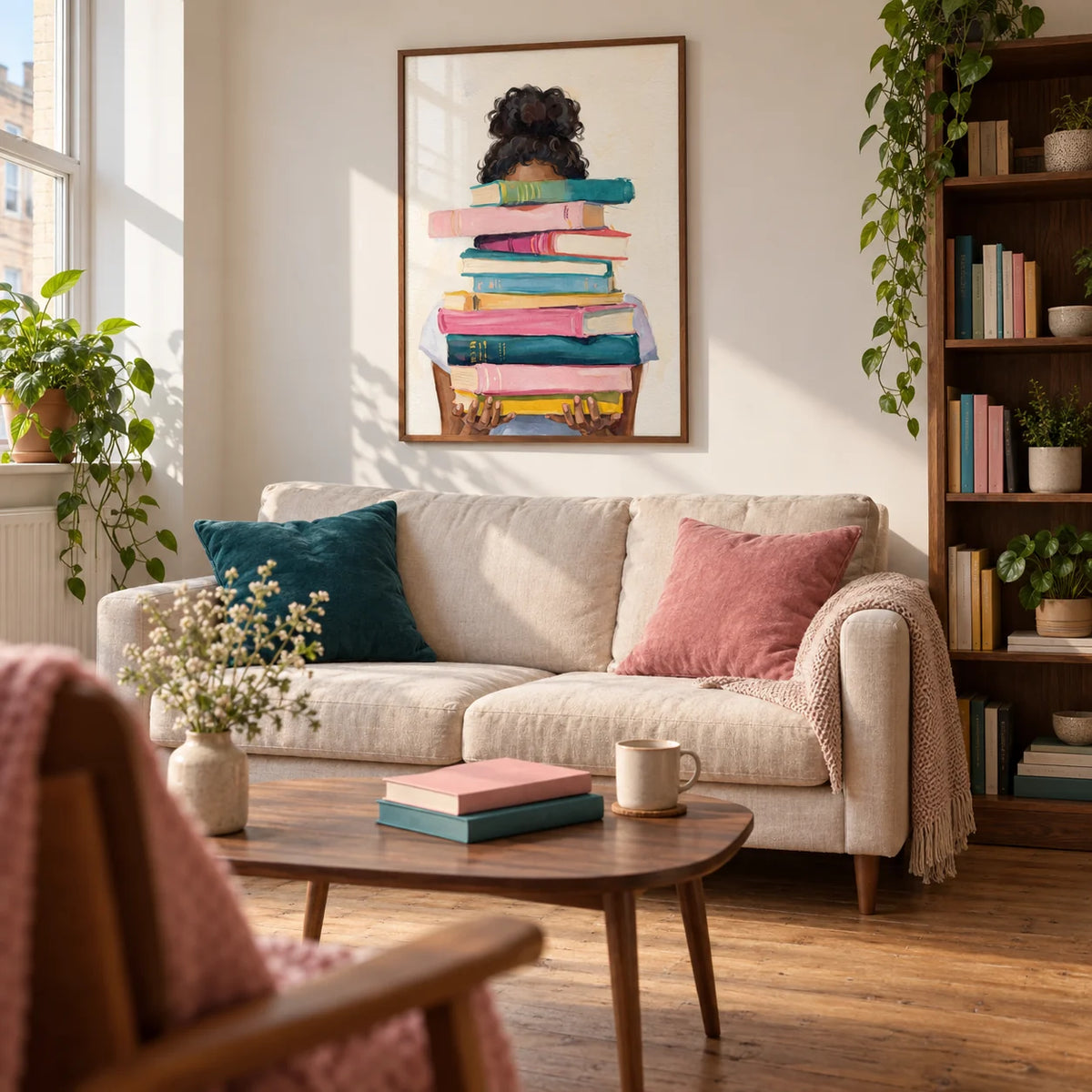 Book Lover Art Print, framed on the wall of a relaxed book lover's living room in a UK first flat (22-30)