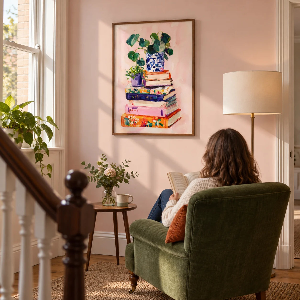 Books And Plants Art Print, framed on the wall of a quiet reading nook on a broad landing in a Victorian terrace with a pale pink wall in a living room