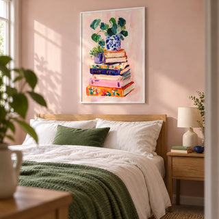 Books And Plants Art Print, framed on the wall of a restful adult bedroom in a compact UK home with a pale blush pink wall