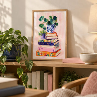Books And Plants Art Print, a small A4 framed print leaning on a pale oak bookshelf in a living room