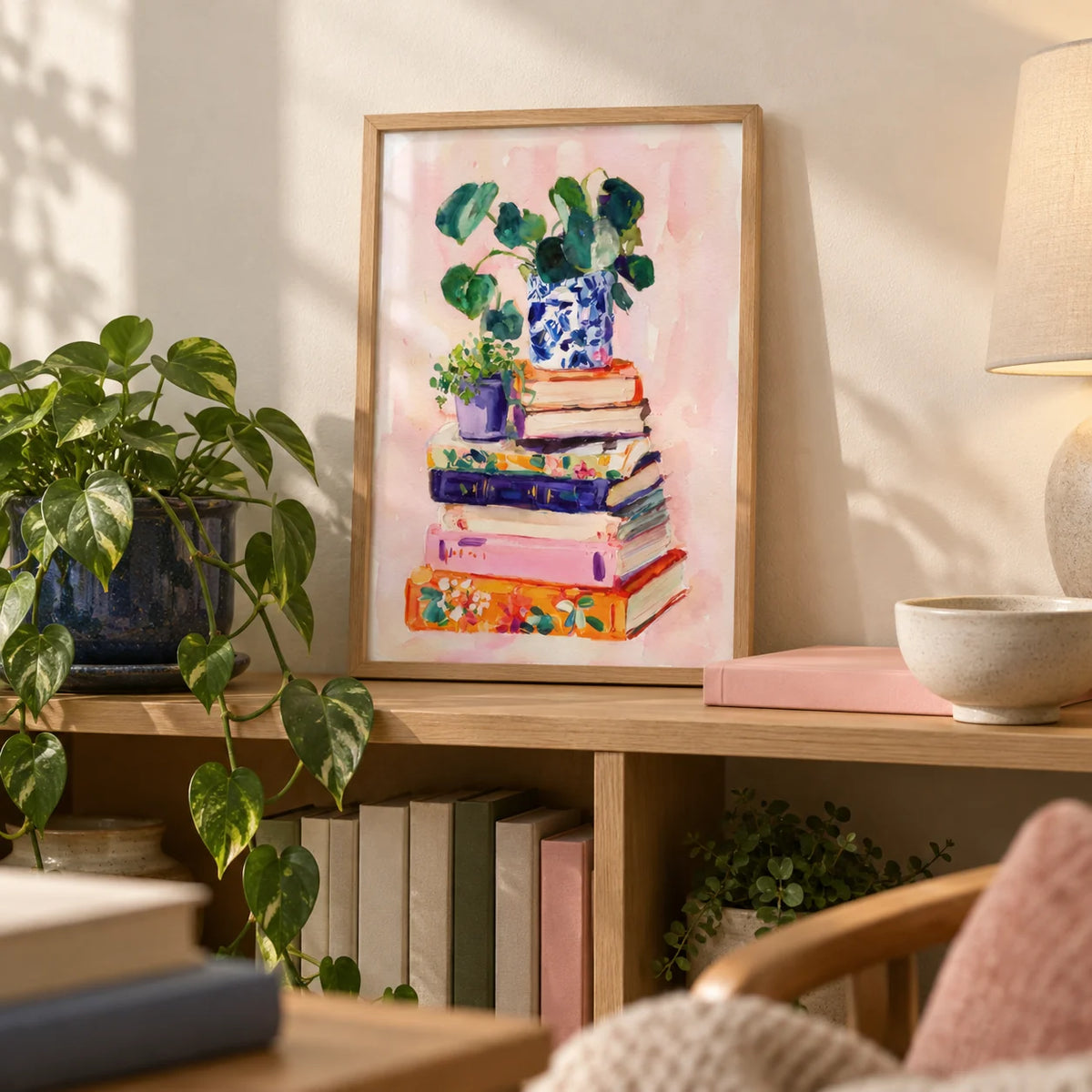 Books And Plants Art Print, a small A4 framed print leaning on a pale oak bookshelf in a living room