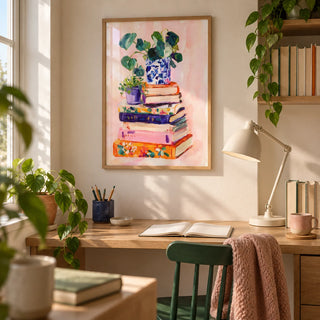 Books And Plants Art Print, framed on the wall of a small home study in a first flat for a reader aged 25-35 with a warm white wall and a fitted oak desk in an alcove
