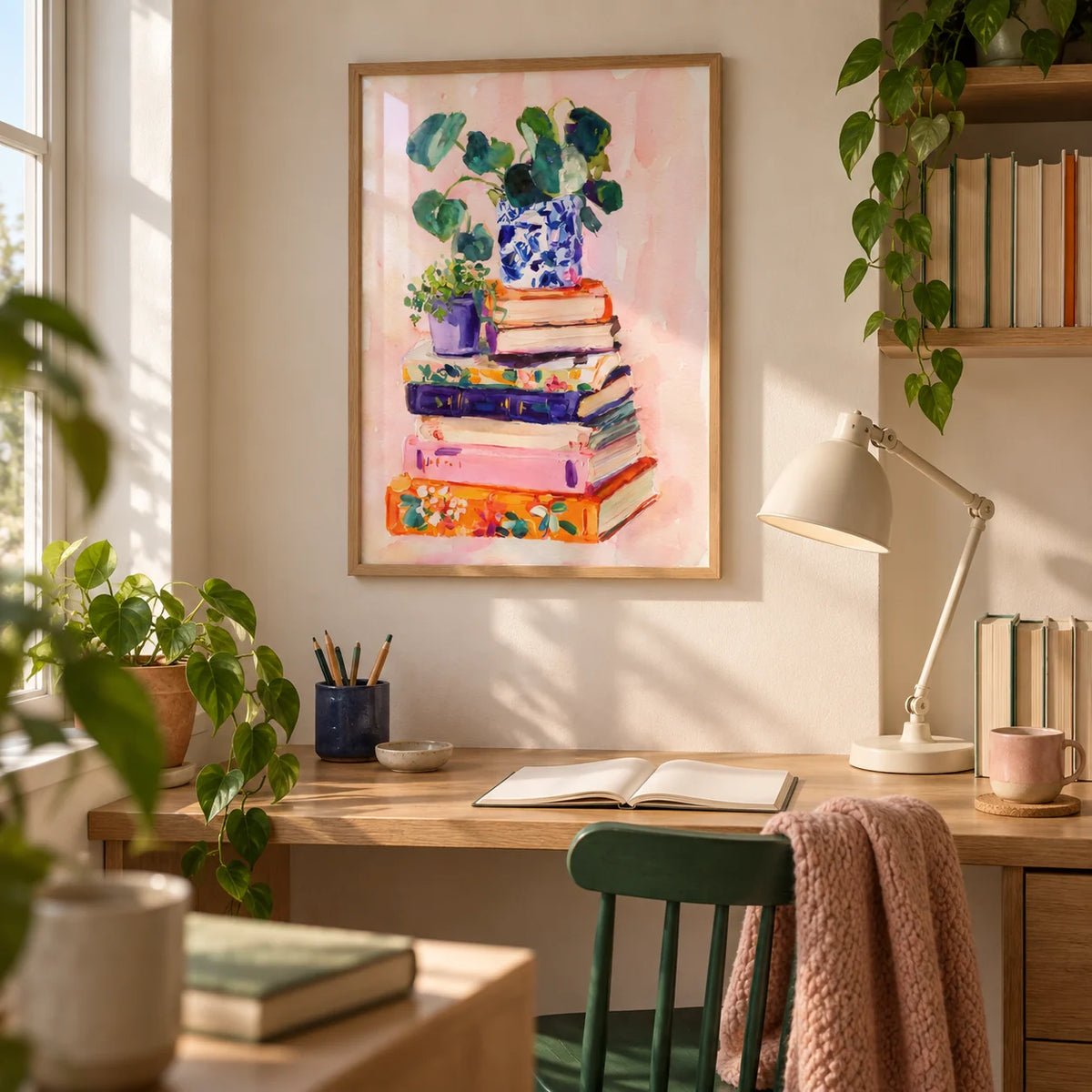 Books And Plants Art Print, framed on the wall of a small home study in a first flat for a reader aged 25-35 with a warm white wall and a fitted oak desk in an alcove