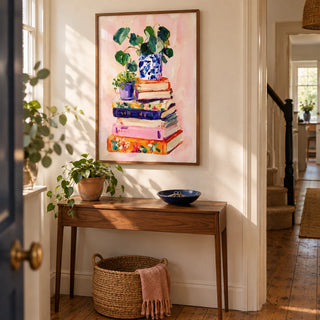 Books And Plants Art Print, framed on the wall of a welcoming narrow hallway in a UK terrace with warm ivory walls and original timber floorboards