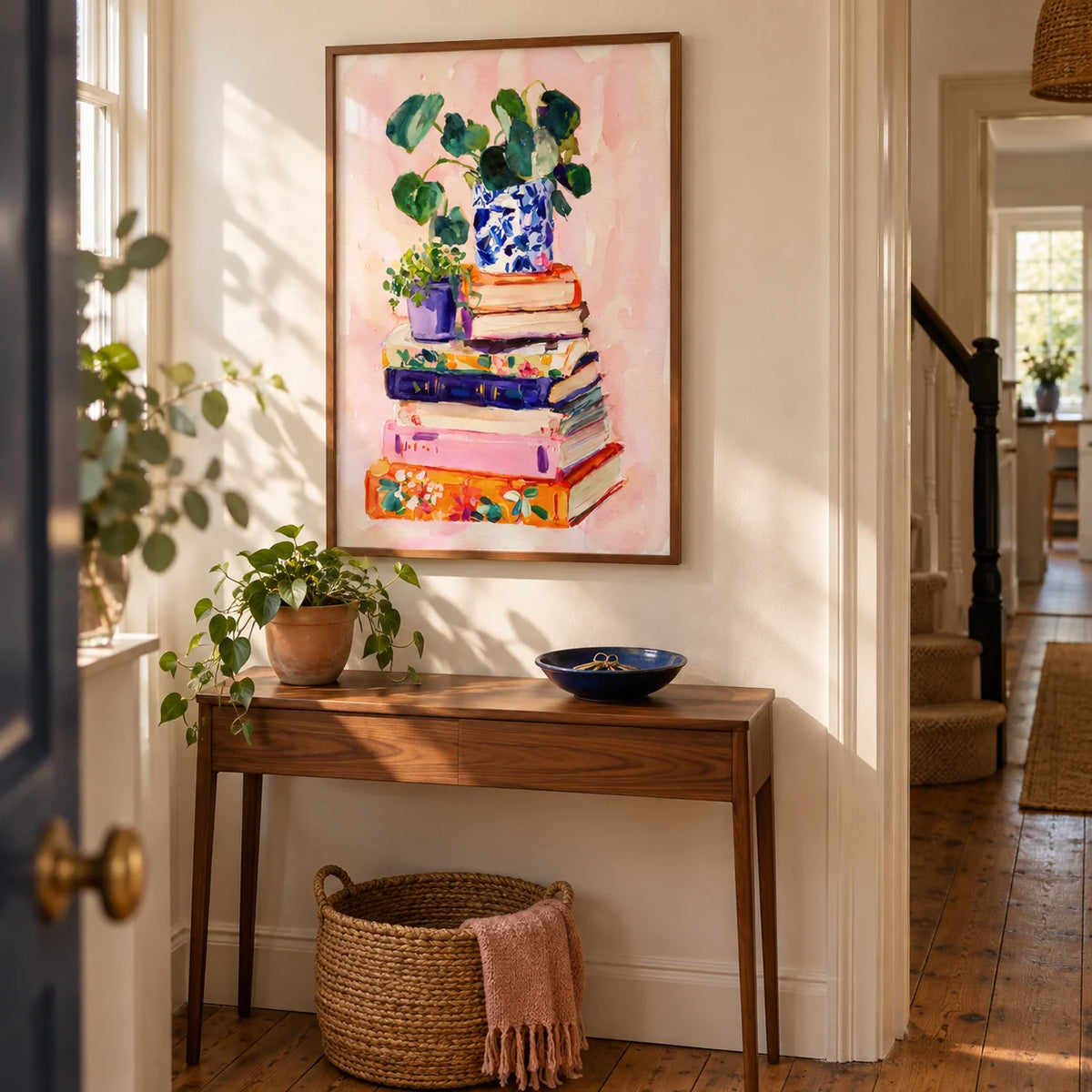 Books And Plants Art Print, framed on the wall of a welcoming narrow hallway in a UK terrace with warm ivory walls and original timber floorboards