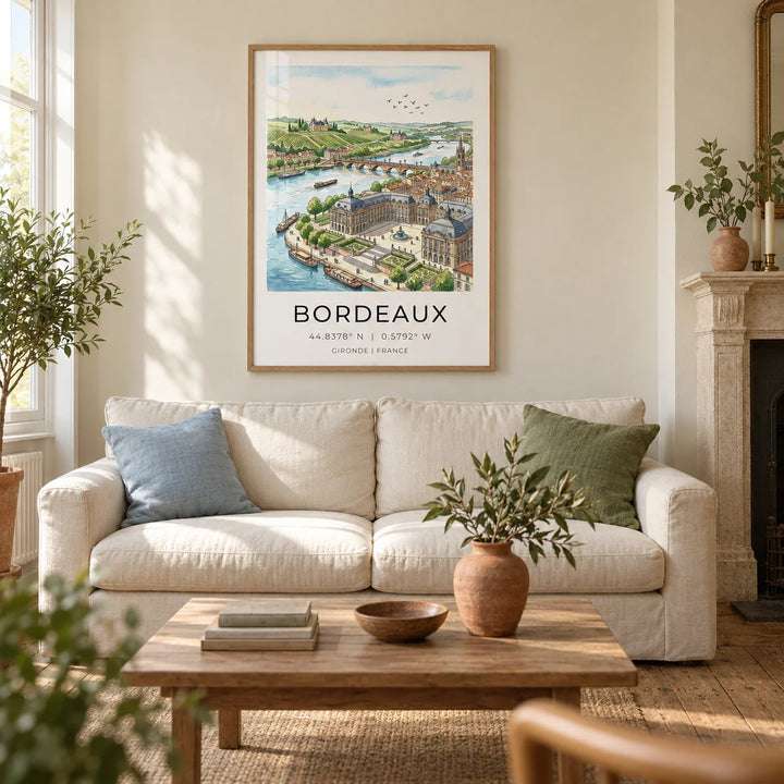 Bordeaux City Art, framed on the wall of a calm living room in a Victorian terrace with warm ivory plaster walls