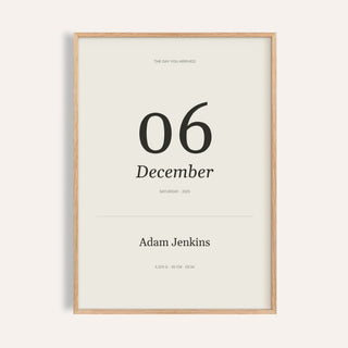 Born This Day Custom personalised print, shown framed in natural wood