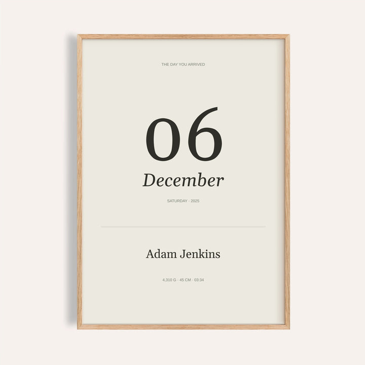 Born This Day Custom personalised print, shown framed in natural wood