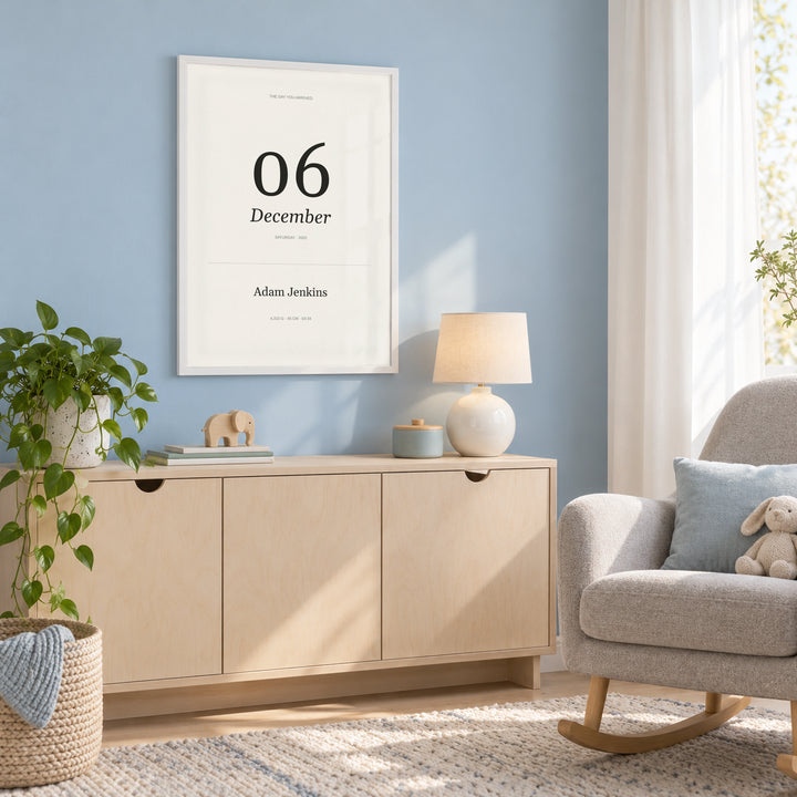 Born This Day Custom in a nursery reading corner, white frame