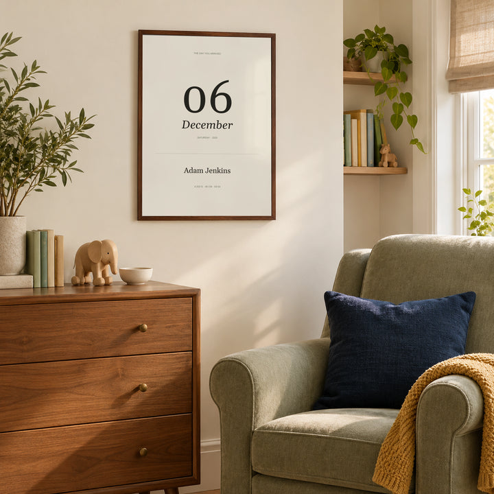 Born This Day Custom in a cosy nursery feeding corner, dark wood frame