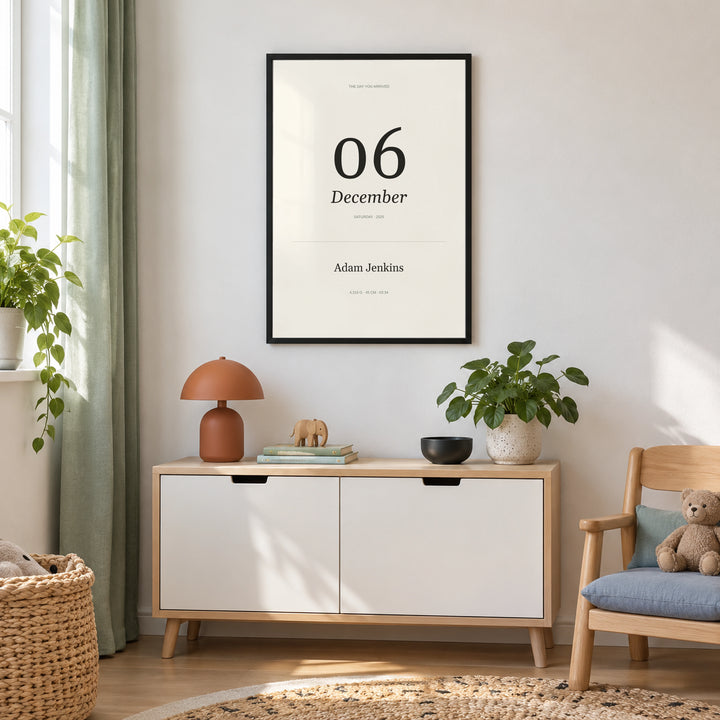 Born This Day Custom in a modern nursery dresser setting, black frame