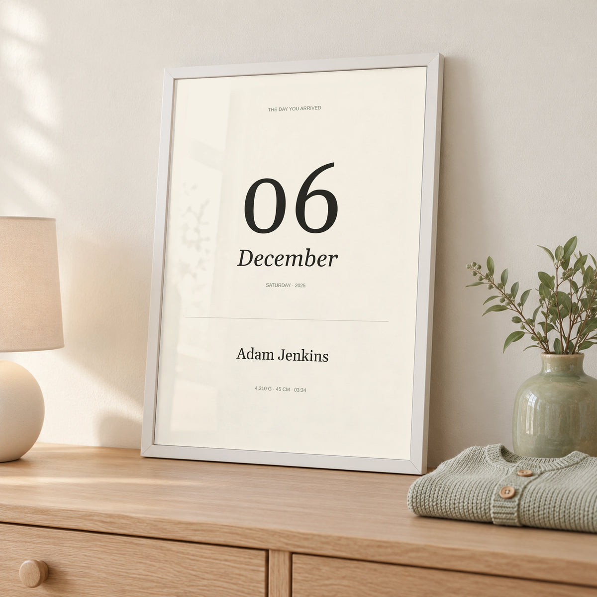 Born This Day Custom in a styled nursery frame detail, white frame