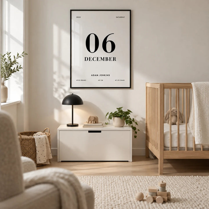 Born This Day Custom, framed on the wall of a modern nursery in a UK terraced family home with a warm white wall and pale oak floor