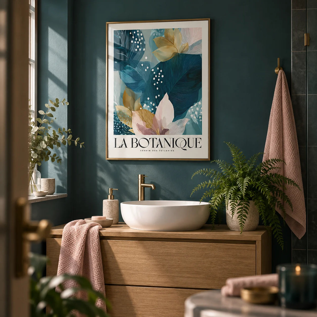 Botanical Artwork Print, framed on the wall of a calm bathroom with plain dark teal walls