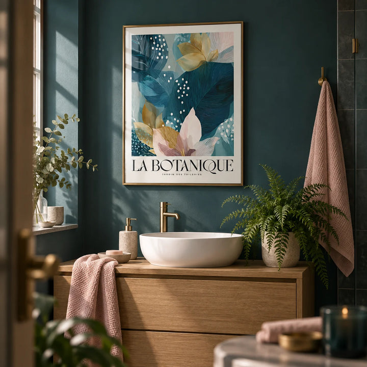 Botanical Artwork Print, framed on the wall of a calm bathroom with plain dark teal walls