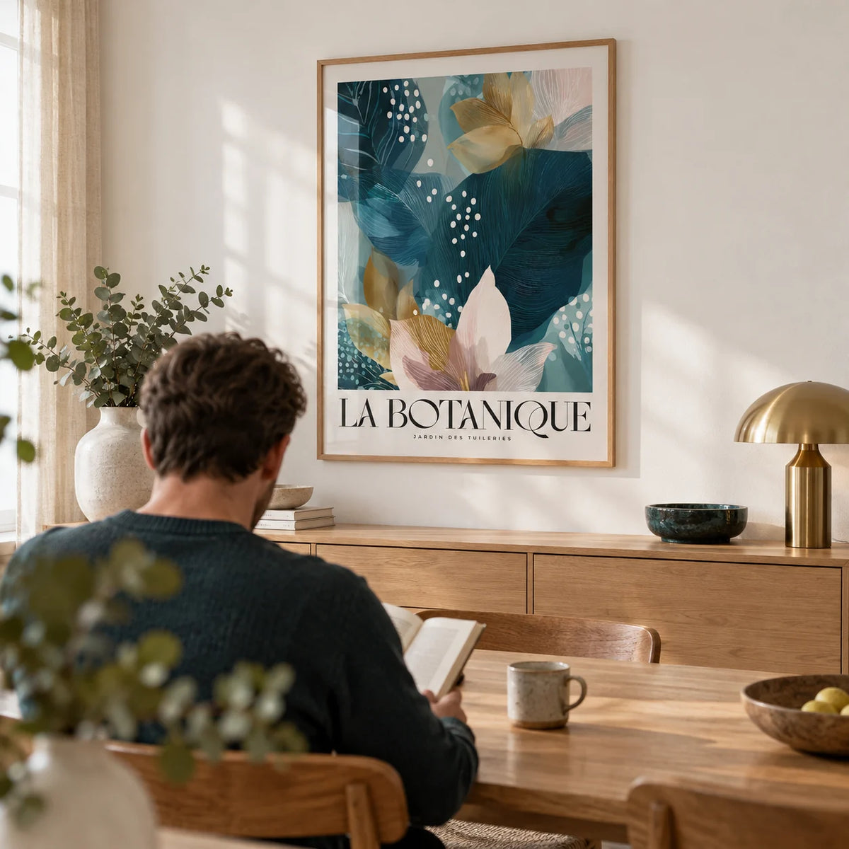 Botanical Artwork Print, framed on the wall of a calm dining room with a soft white wall