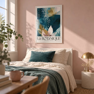 Botanical Artwork Print, framed on the wall of a calm young adult's single bedroom (18-25) with a plain soft pink wall