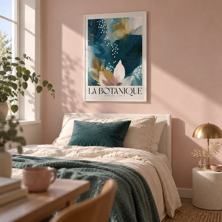 Botanical Artwork Print, framed on the wall of a calm young adult's single bedroom (18-25) with a plain soft pink wall