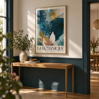 Botanical Artwork Print, framed on the wall of a hallway with a plain dark teal lower wall and cream upper wall