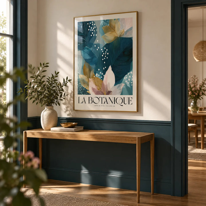 Botanical Artwork Print, framed on the wall of a hallway with a plain dark teal lower wall and cream upper wall
