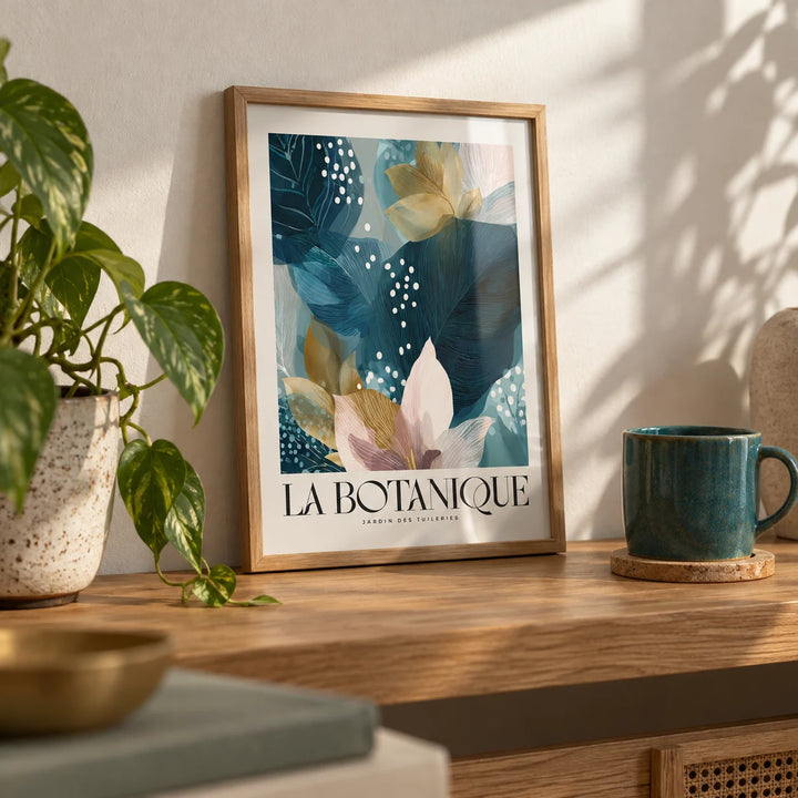 Botanical Artwork Print, a small A4 framed print leaning on an oak shelf in a living room