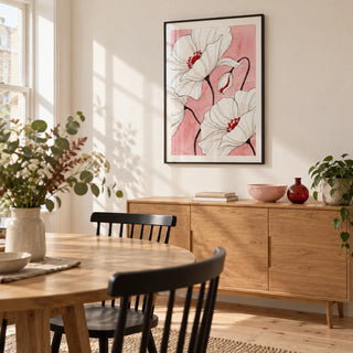 Botanical Floral Art Print, framed on the wall of a bright dining room in a renovated UK terrace with warm white walls and pale timber floorboards