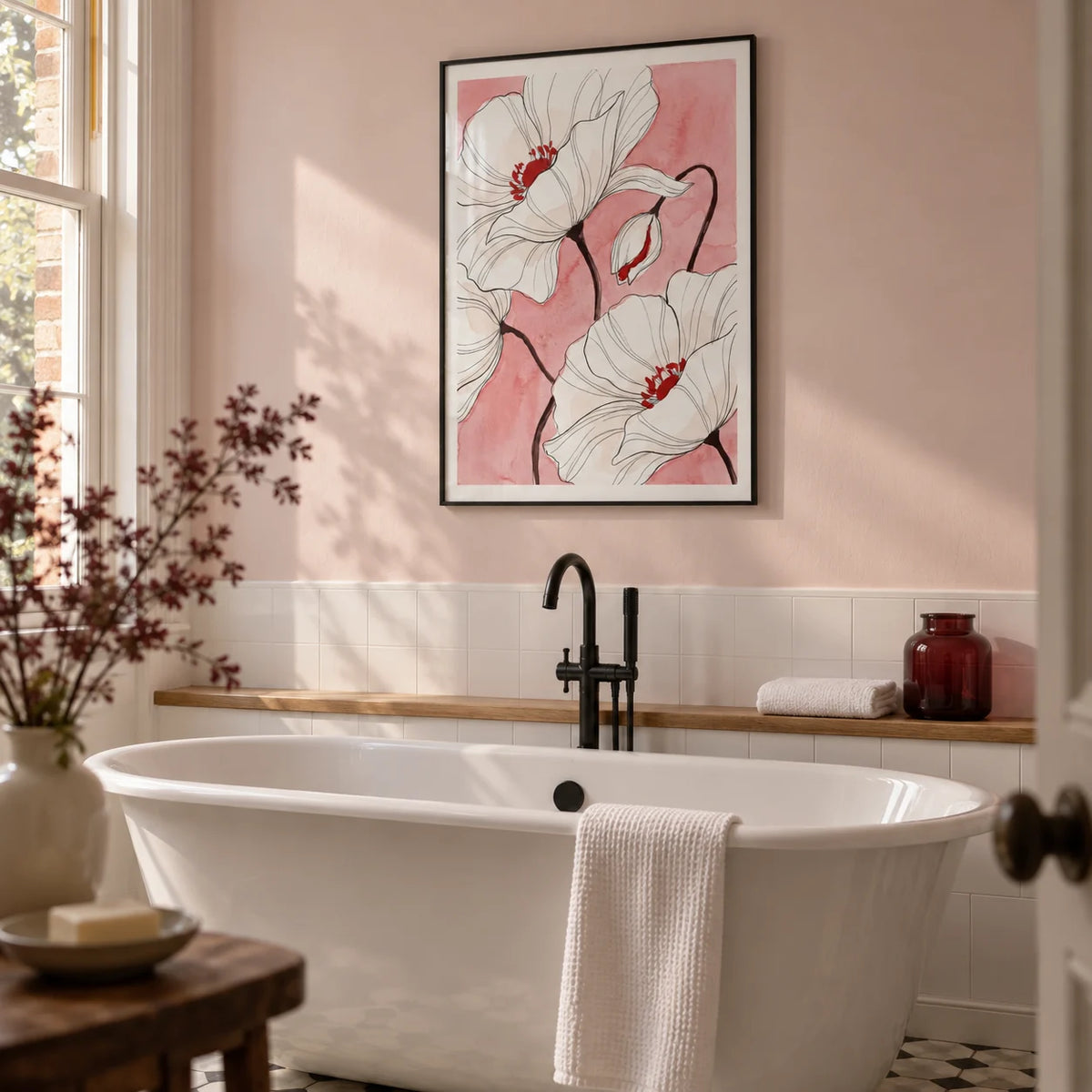 Botanical Floral Art Print, framed on the wall of a calm bathroom in a Victorian conversion with pale blush painted walls above plain white tiles