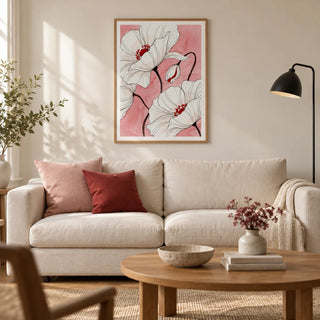 Botanical Floral Art Print, framed on the wall of a calm contemporary living room in a UK terraced home with warm white plaster walls and an oak floor