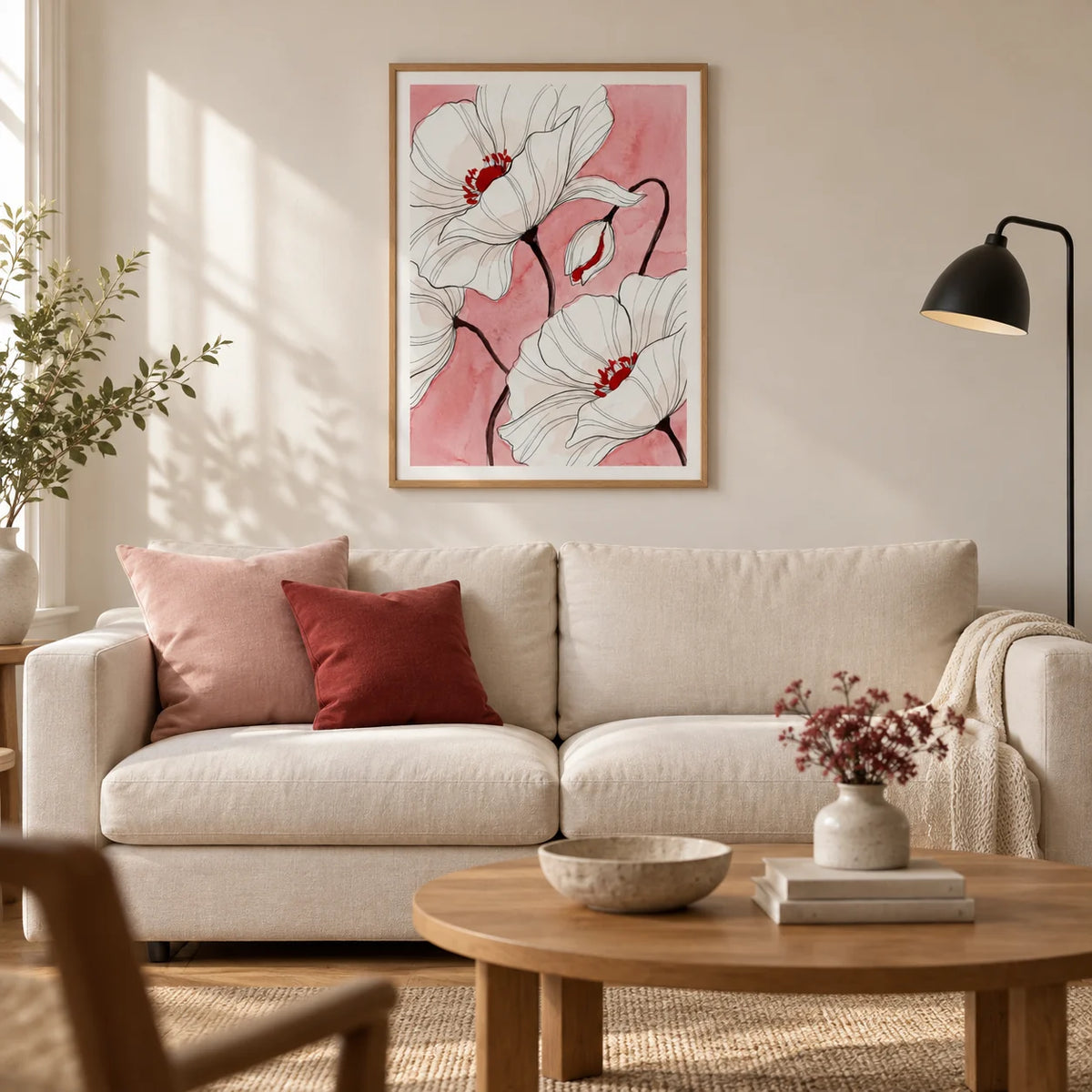 Botanical Floral Art Print, framed on the wall of a calm contemporary living room in a UK terraced home with warm white plaster walls and an oak floor