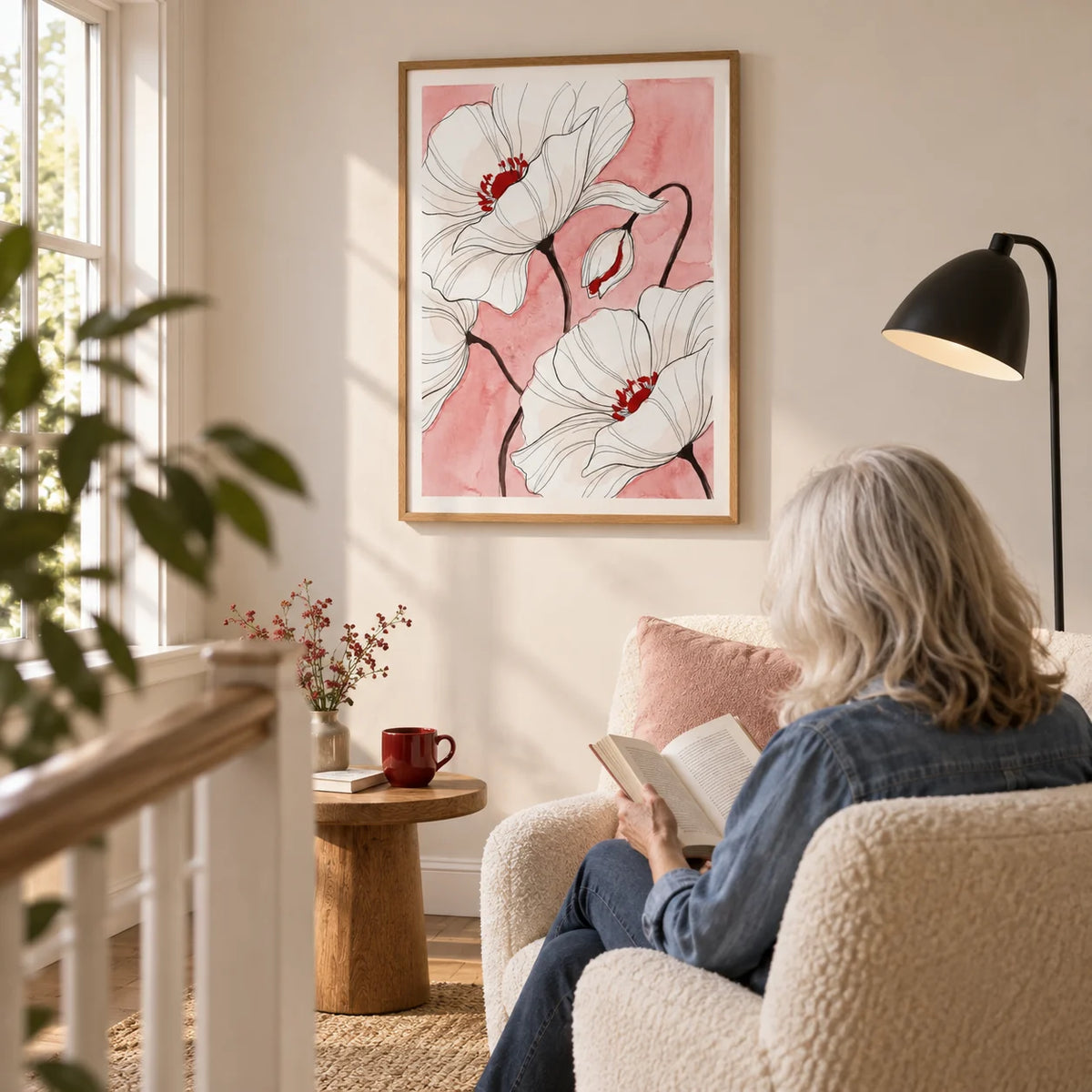 Botanical Floral Art Print, framed on the wall of a quiet reading corner on a spacious landing with a warm white wall in a living room