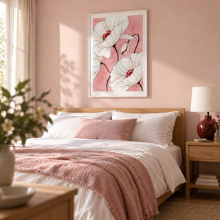 Botanical Floral Art Print, framed on the wall of a restful adult bedroom with a pale blush wall and natural oak furniture