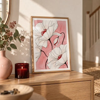 Botanical Floral Art Print, a small A4 framed print leaning on a pale oak hallway side table