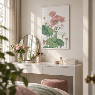 Botanical Flower Print, framed on the wall of a bedroom dressing table