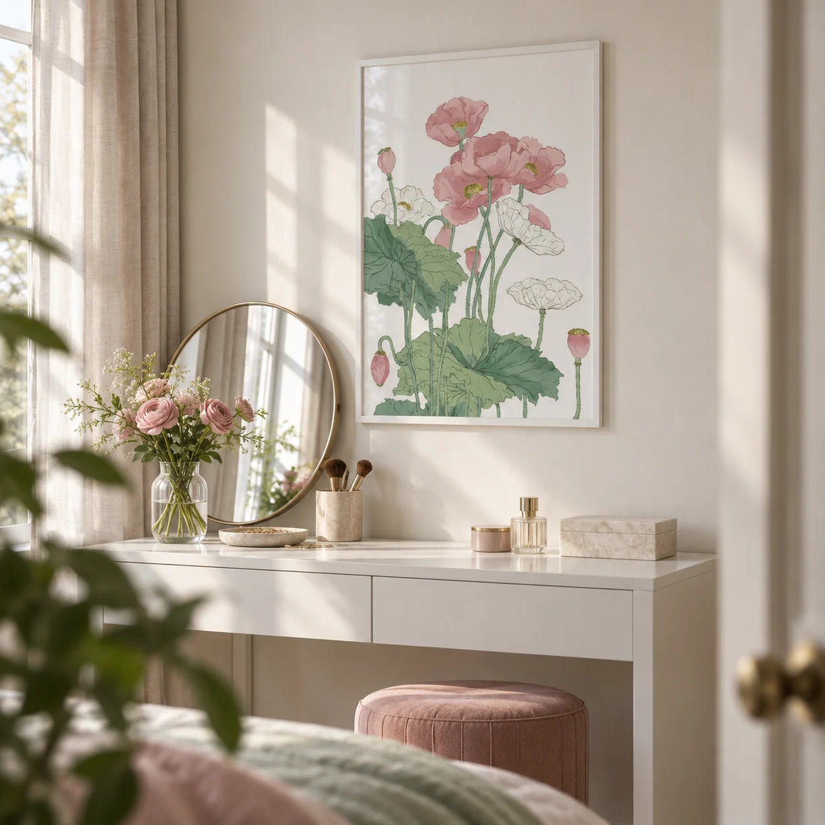 Botanical Flower Print, framed on the wall of a bedroom dressing table
