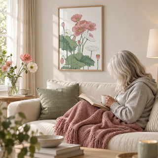 Botanical Flower Print, framed on the wall of a light living room