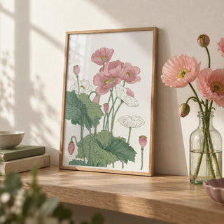 Botanical Flower Print, a small A4 framed print leaning on an oak shelf in a living room