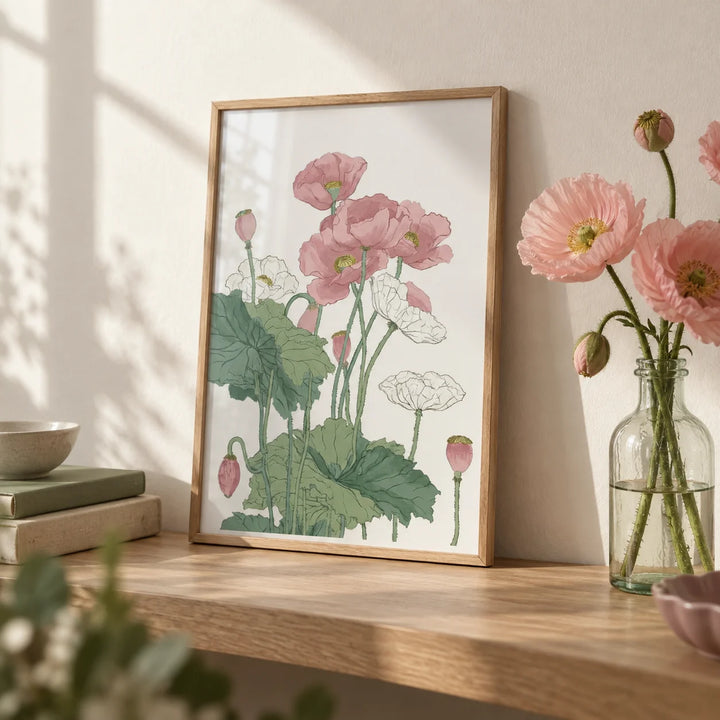 Botanical Flower Print, a small A4 framed print leaning on an oak shelf in a living room