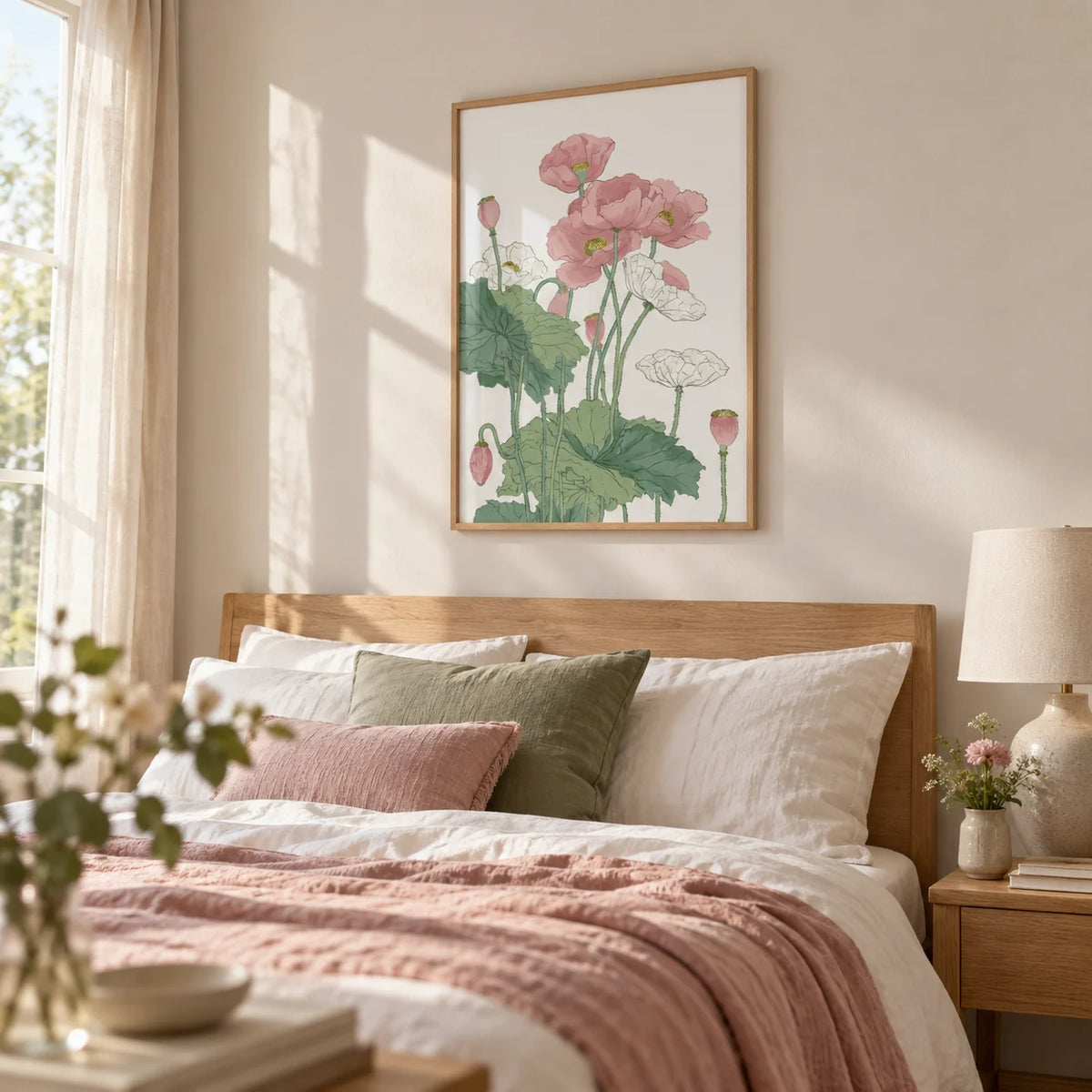 Botanical Flower Print, framed on the wall of a soft bedroom
